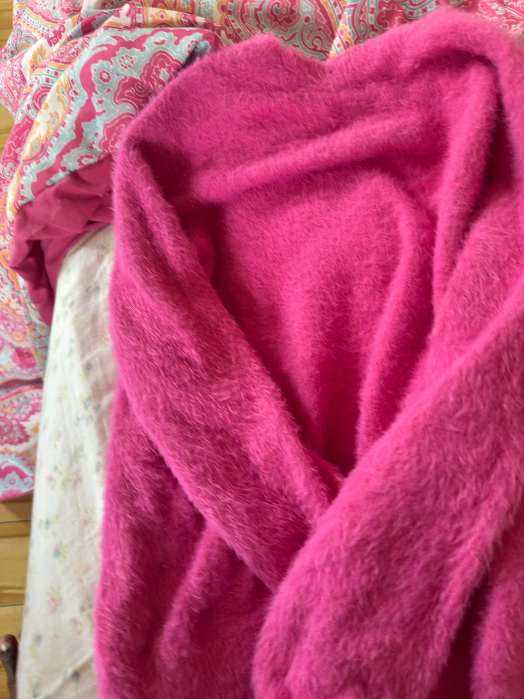 Bright Pink Fuzzy Long-Sleeve Sweater
