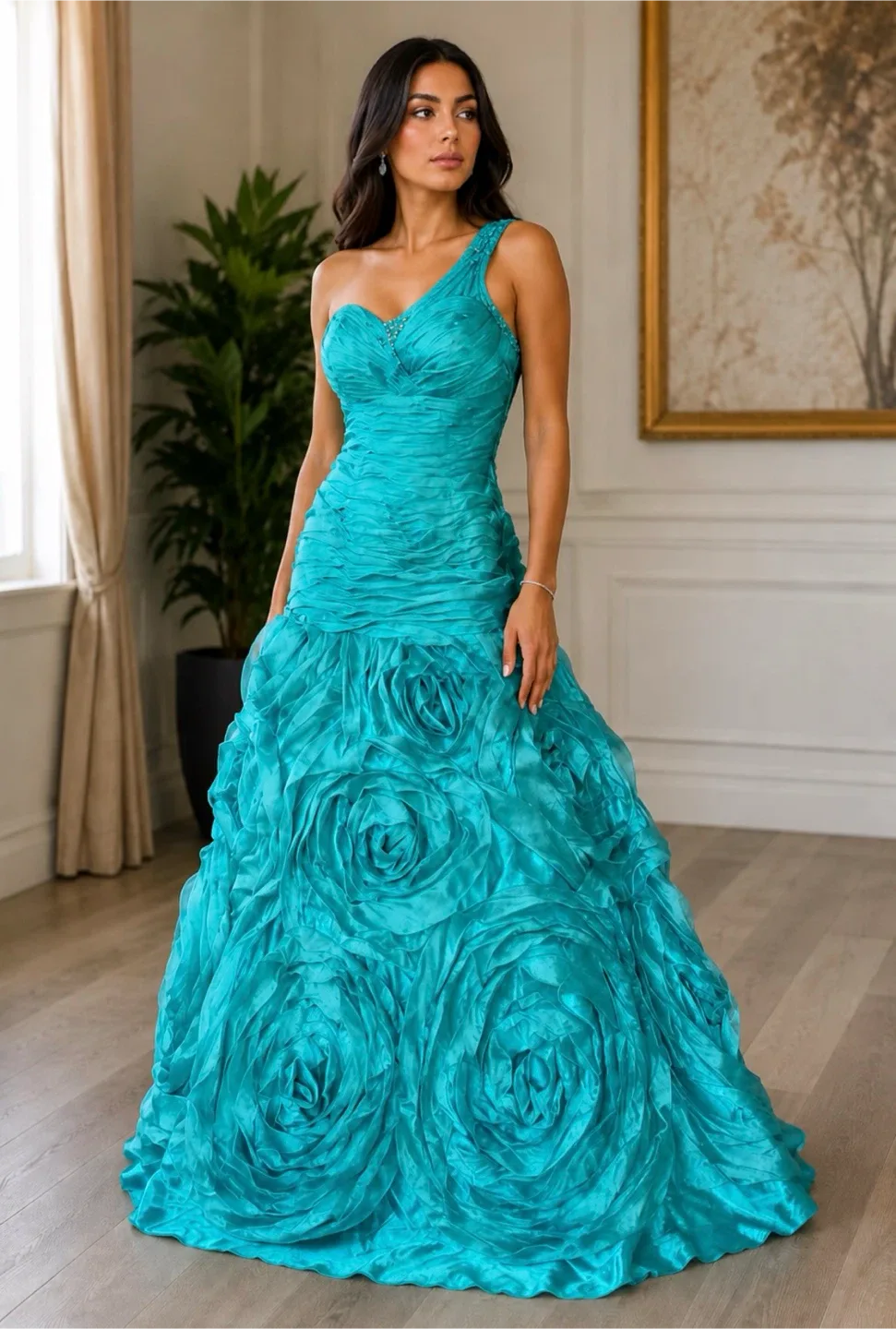 Rianna Couture Teal One-Shoulder Gown