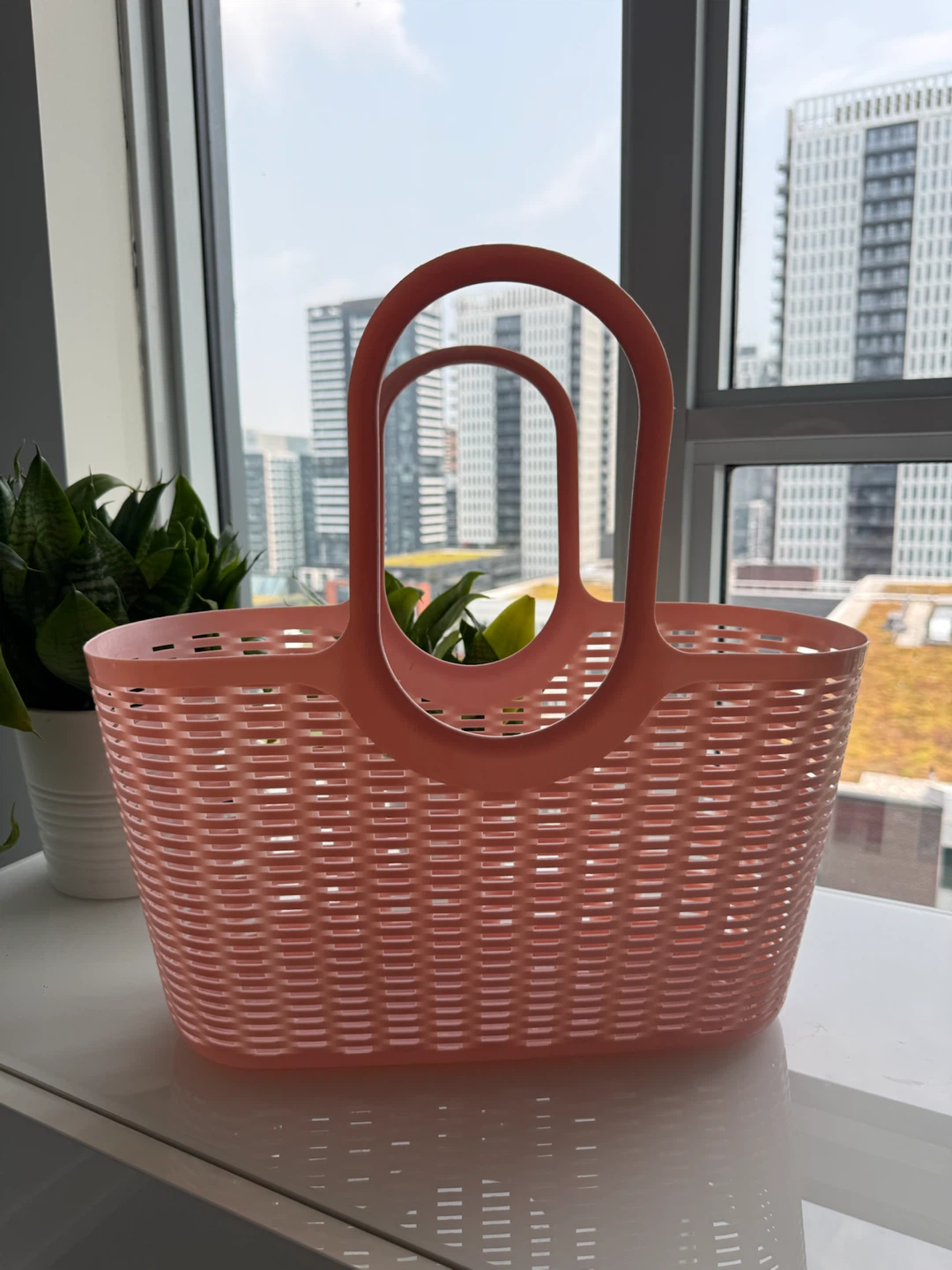 Pink Plastic Woven Tote Bag