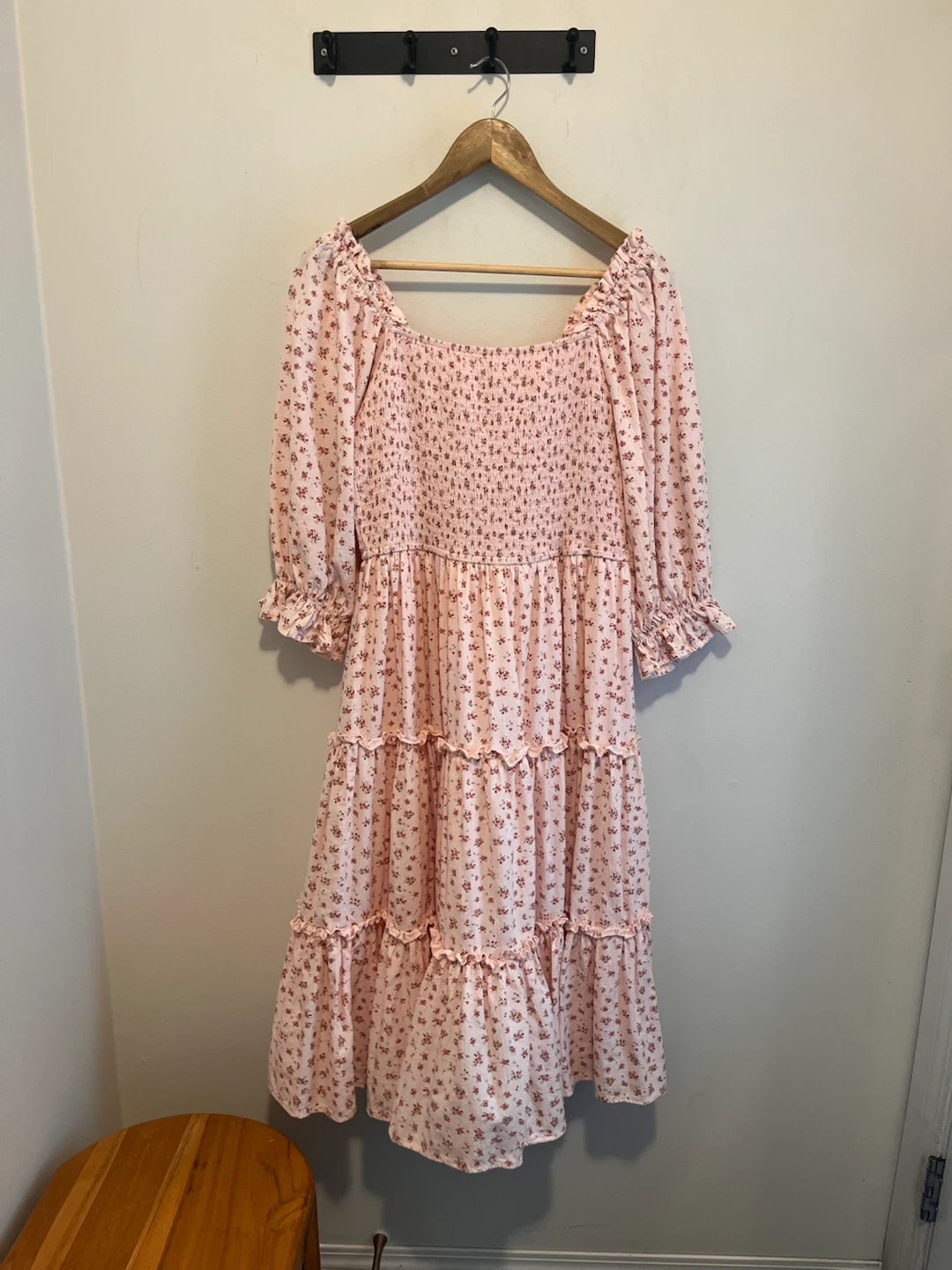 Pink Floral Smocked Tiered Midi Dress