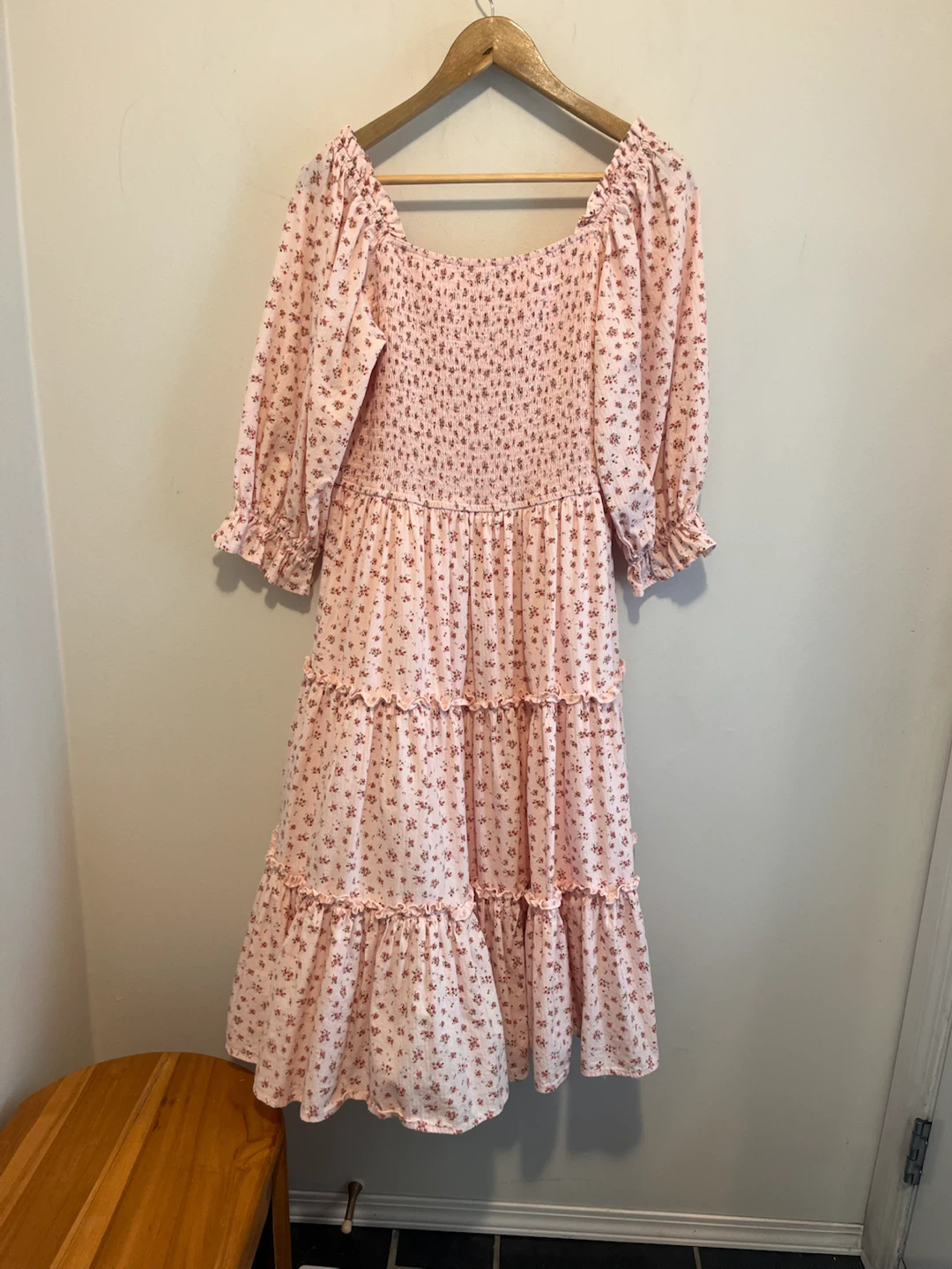 Pink Floral Smocked Tiered Midi Dress - photo 3