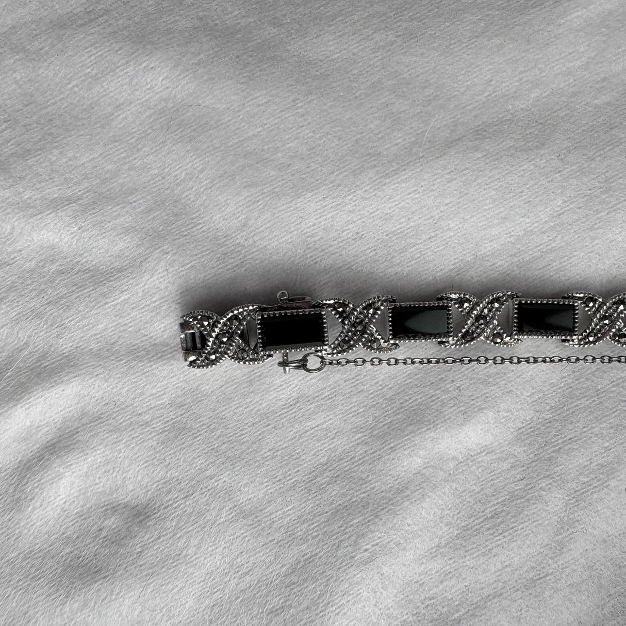 925 Silver Link Bracelet w/ Black Onyx & Marcasite Accents. - photo 4