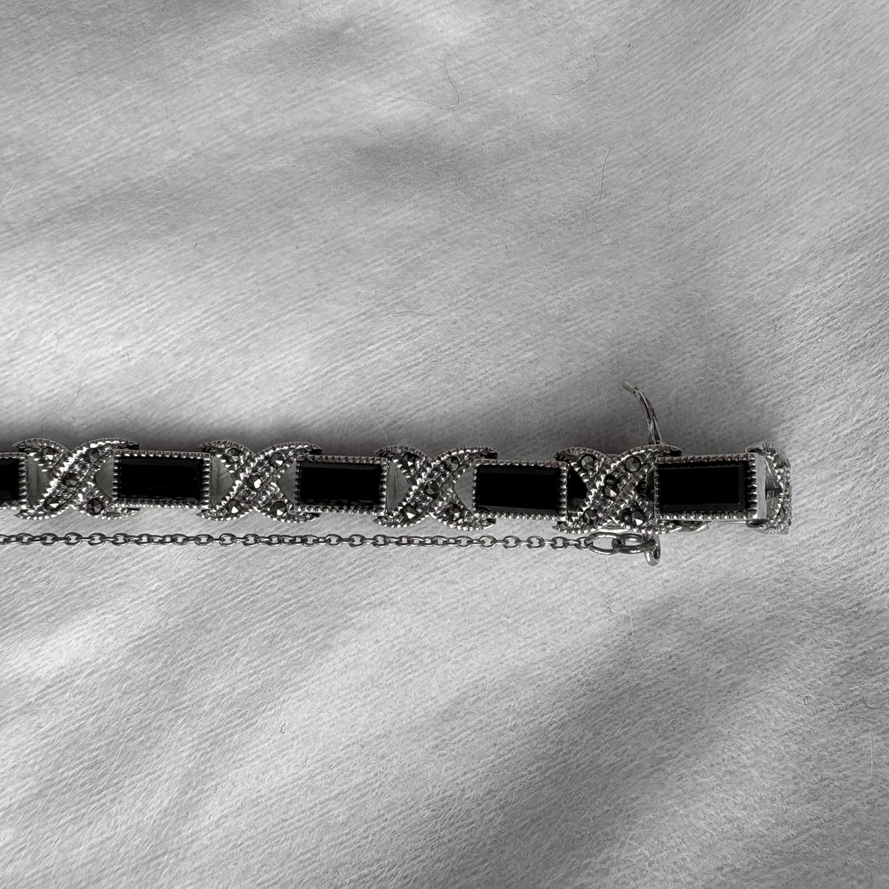 925 Silver Link Bracelet w/ Black Onyx & Marcasite Accents. - photo 5