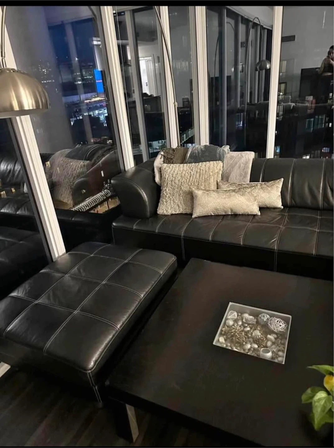 Black Leather Sectional Sofa with Ottoman - photo 3
