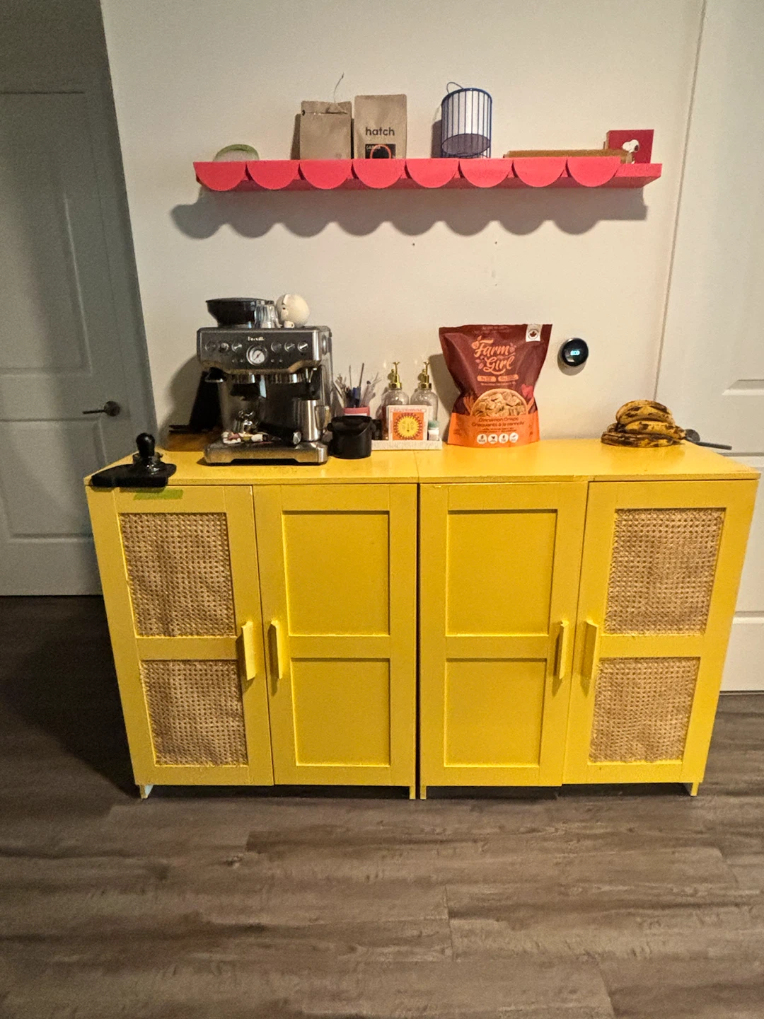 2 Yellow Two-Door Cabinet with Cane Accents