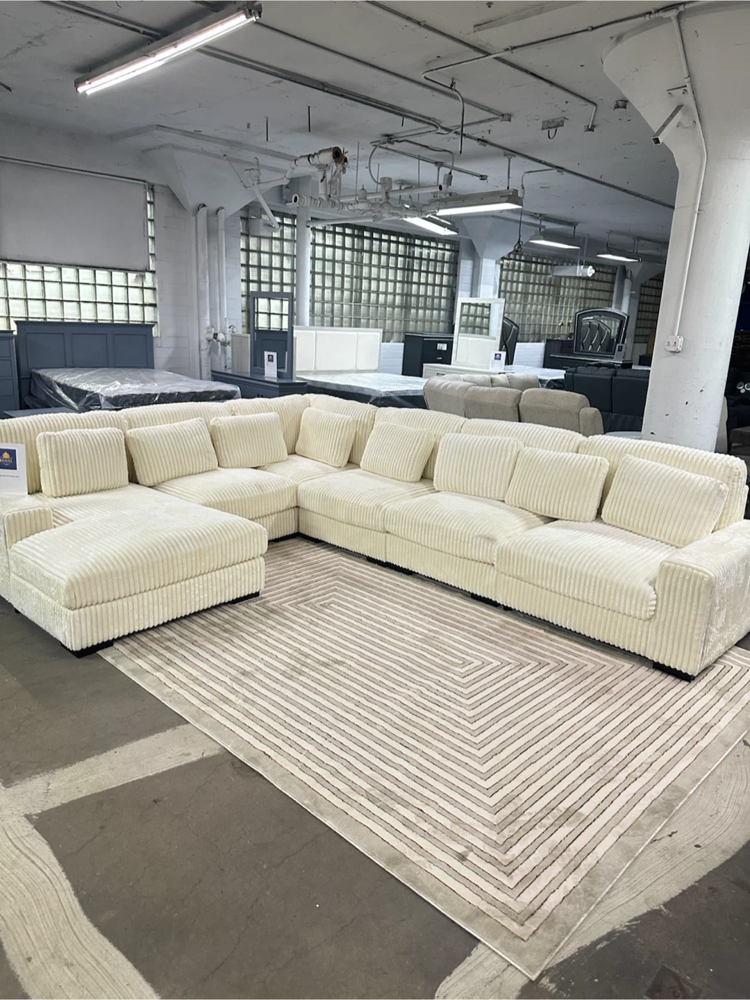 White Corduroy Sectional Sofa with Chaise