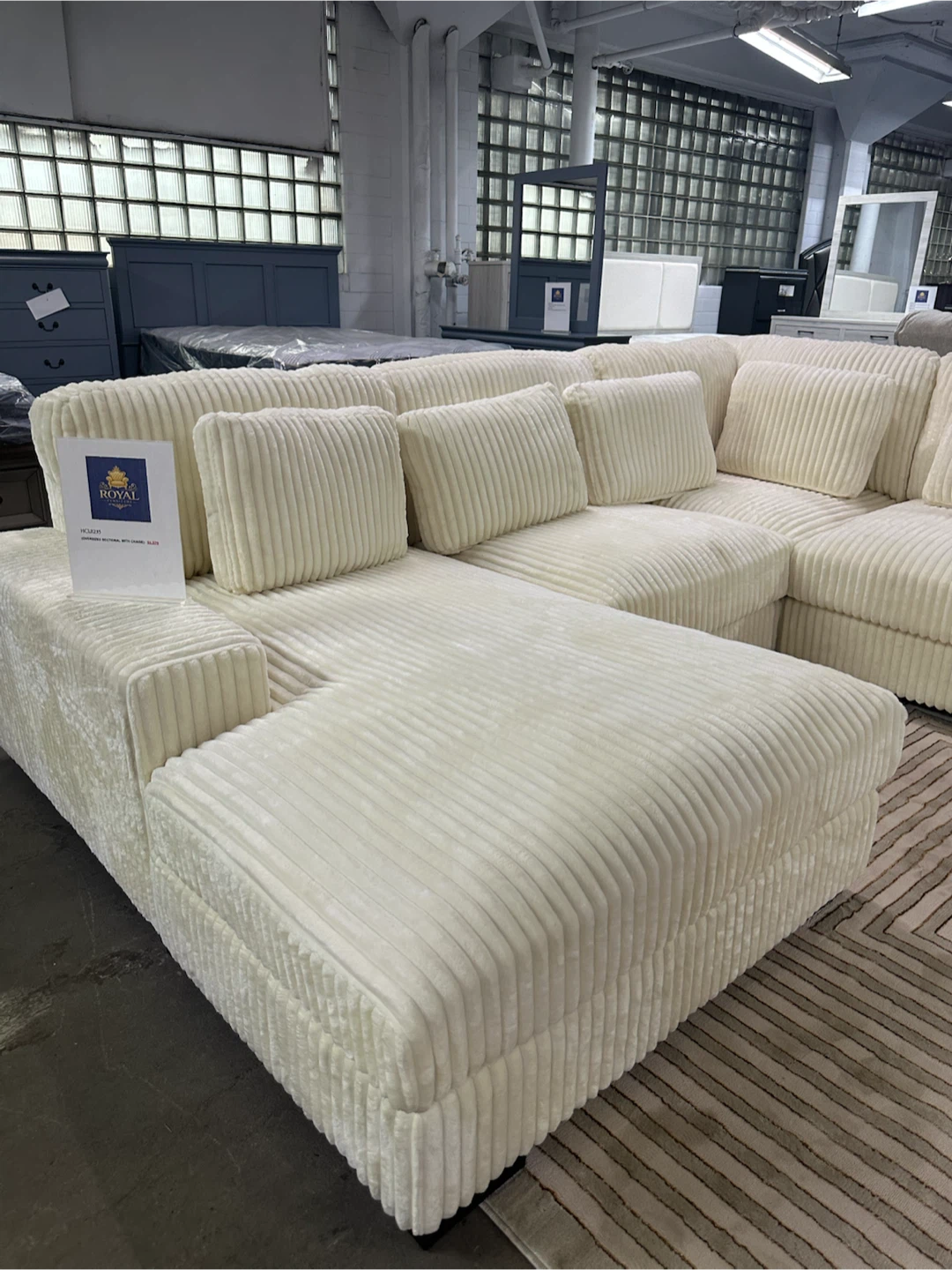 White Corduroy Sectional Sofa with Chaise - photo 3