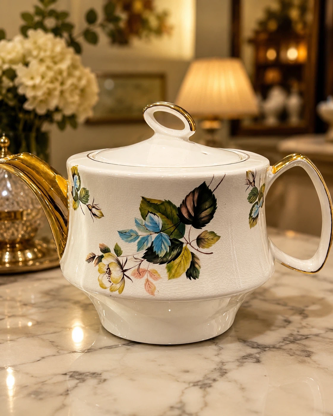 Vintage Floral Teapot with Gold Trim