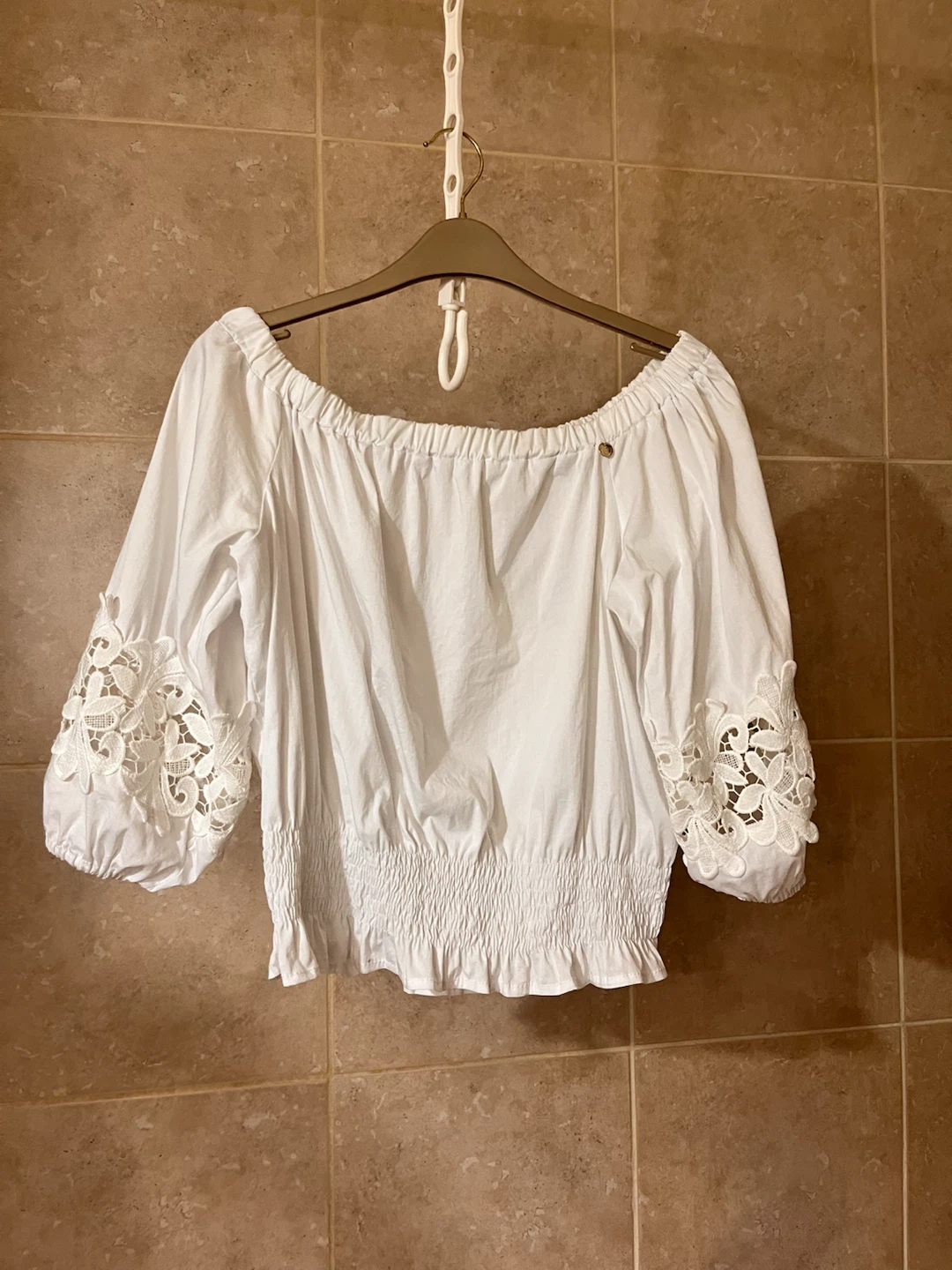 Rinascimento Off-the-Shoulder Blouse with Lace Detail