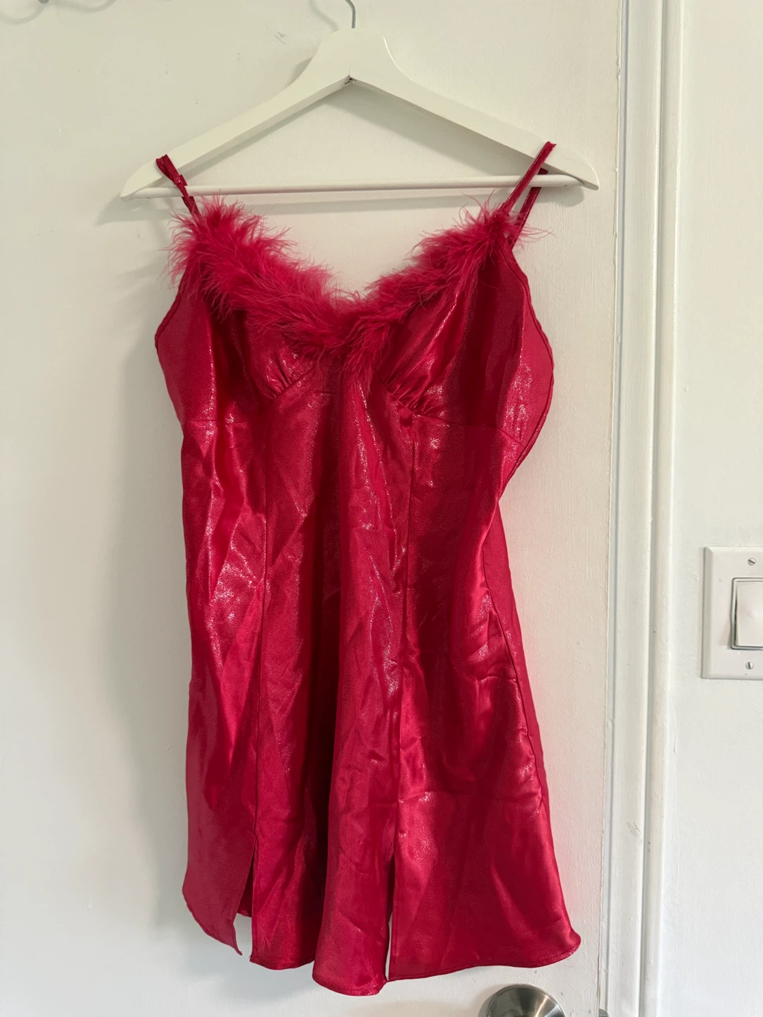 Women's Red Slip Dress with Feather Trim