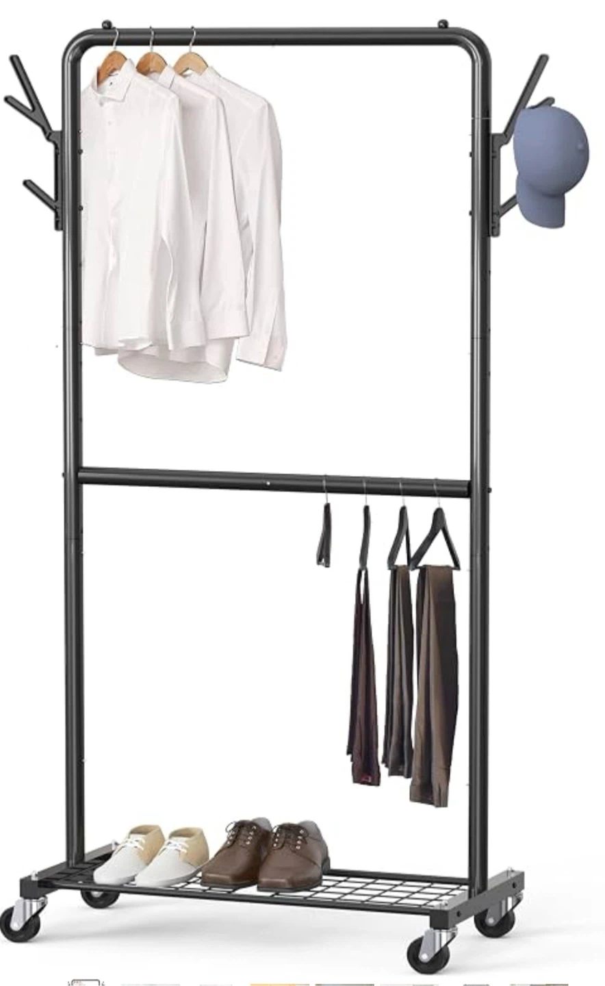 Rolling Garment Rack with Double Bar and Bottom Shelf G4R