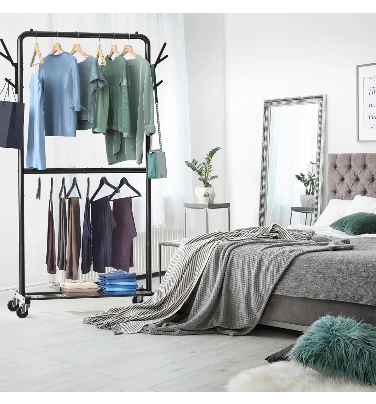 Rolling Garment Rack with Double Bar and Bottom Shelf G4R - photo 2