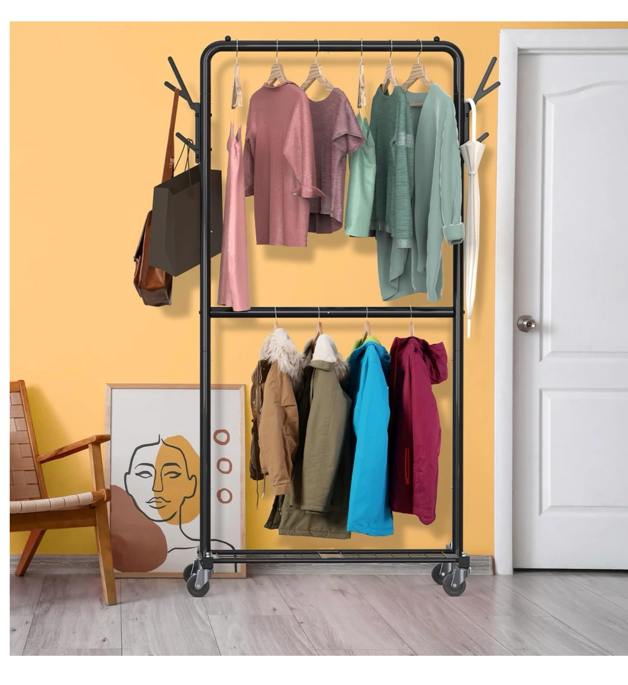 Rolling Garment Rack with Double Bar and Bottom Shelf G4R - photo 4