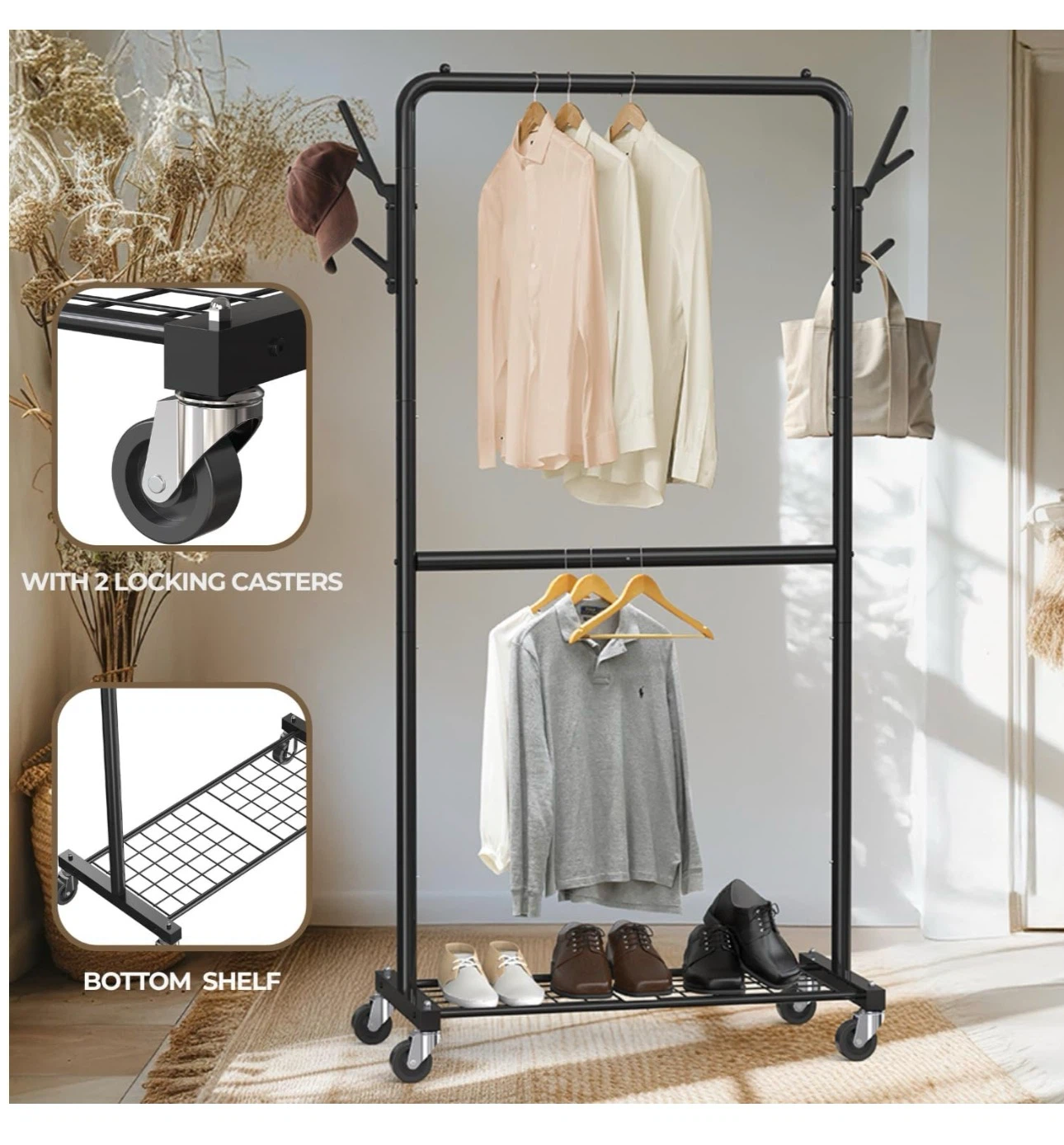 Rolling Garment Rack with Double Bar and Bottom Shelf G4R - photo 5