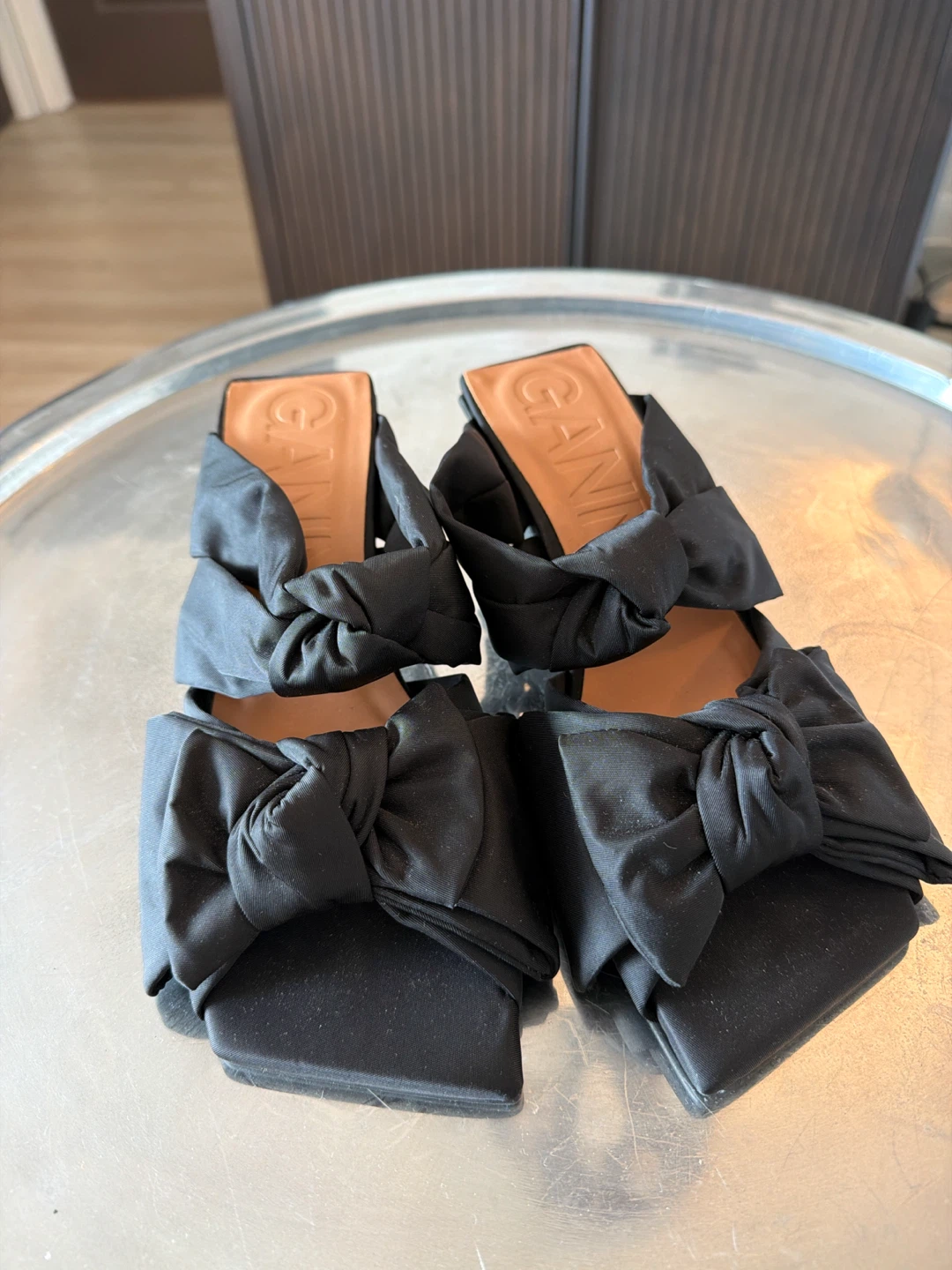 Ganni Black Satin Bow Mules - Size 38