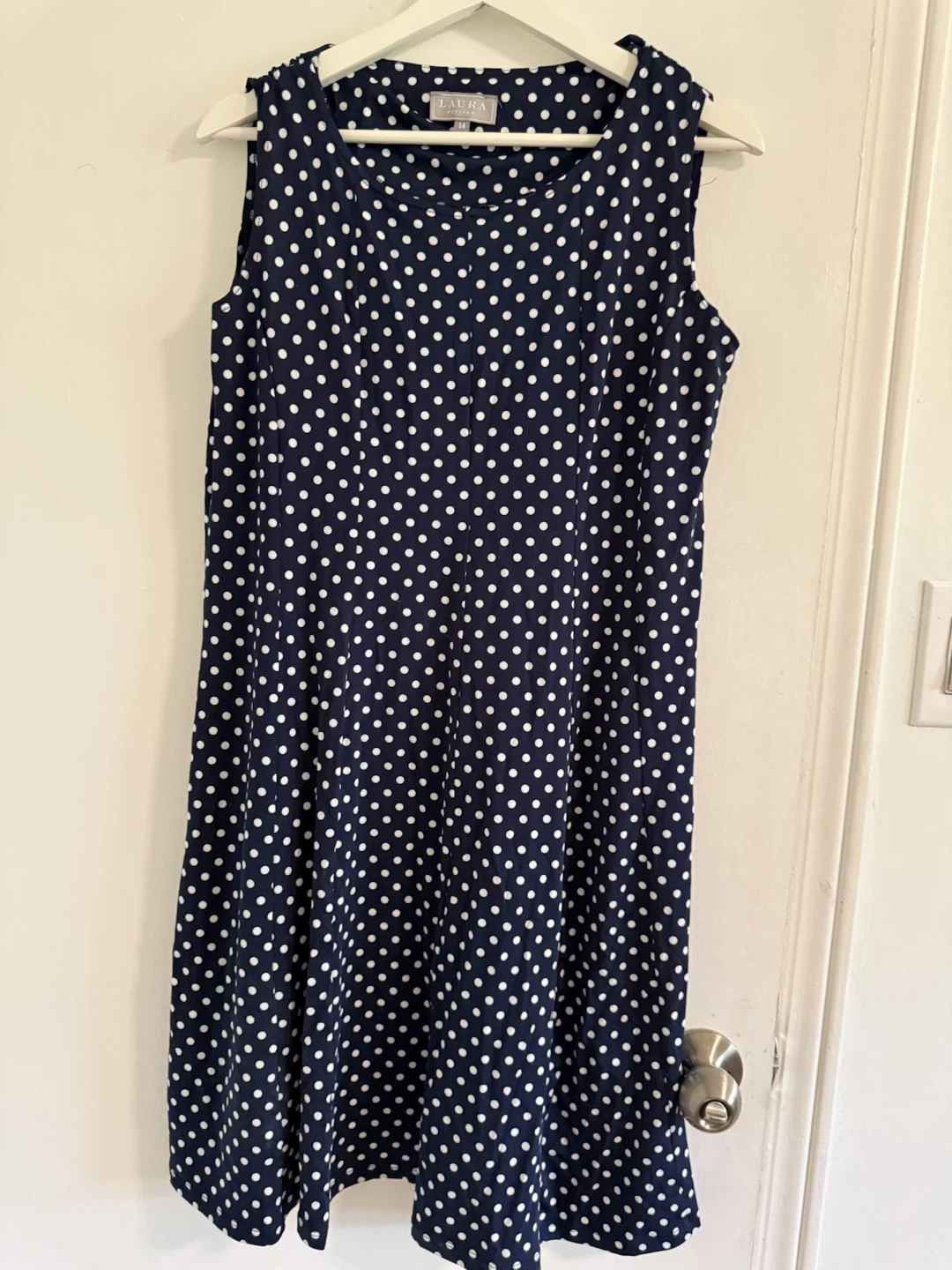 Laura Scott Polka Dot Sleeveless Dress - Navy/White - Size M