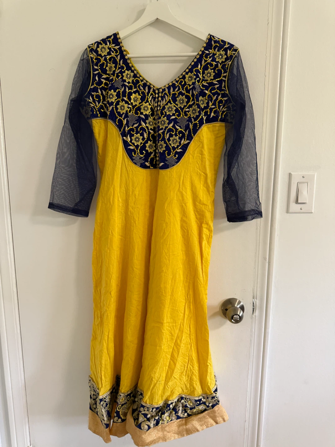 Yellow and Navy Embroidered Kurti
