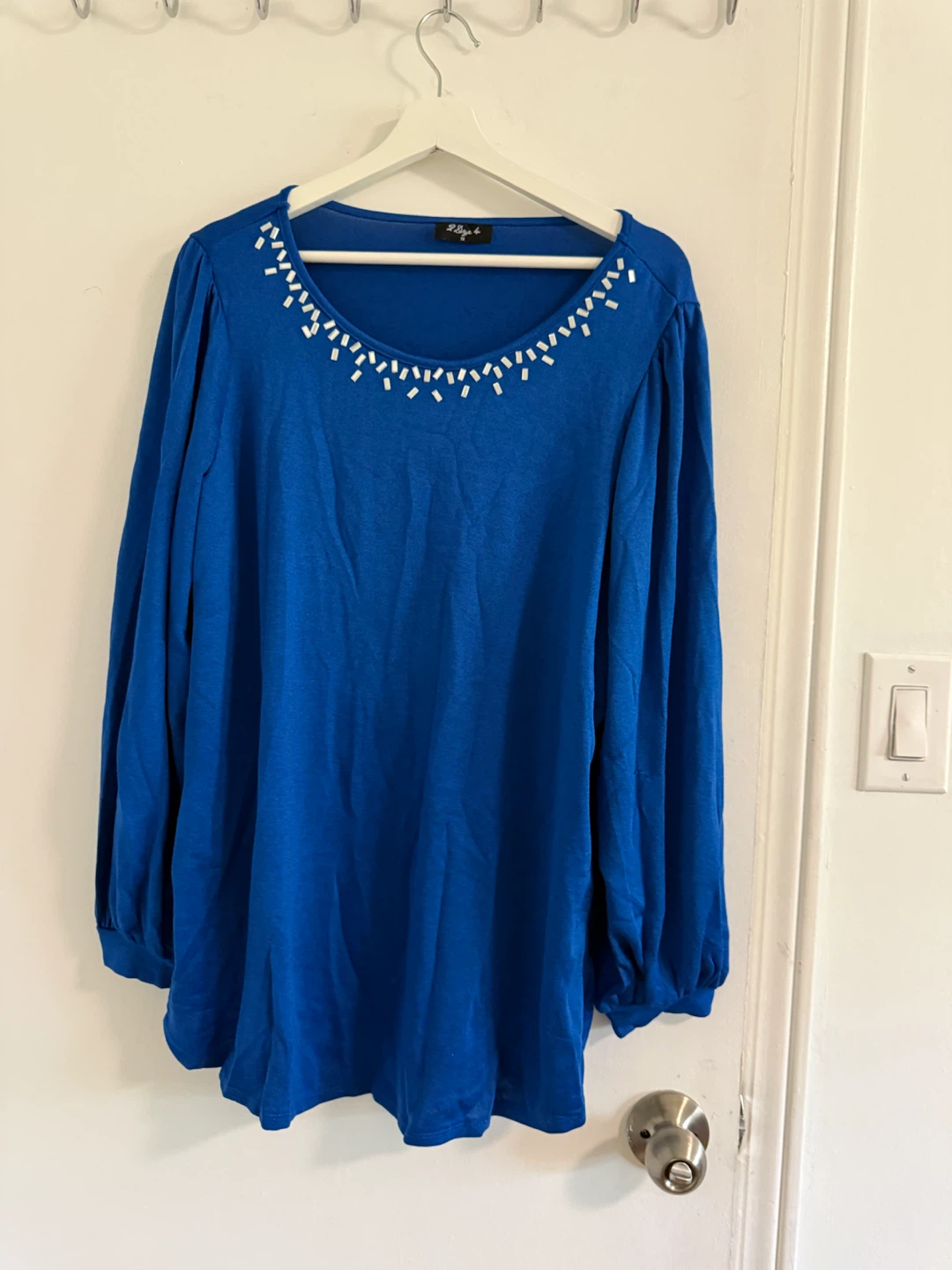 Blue Long Sleeve Top with Embellished Neckline