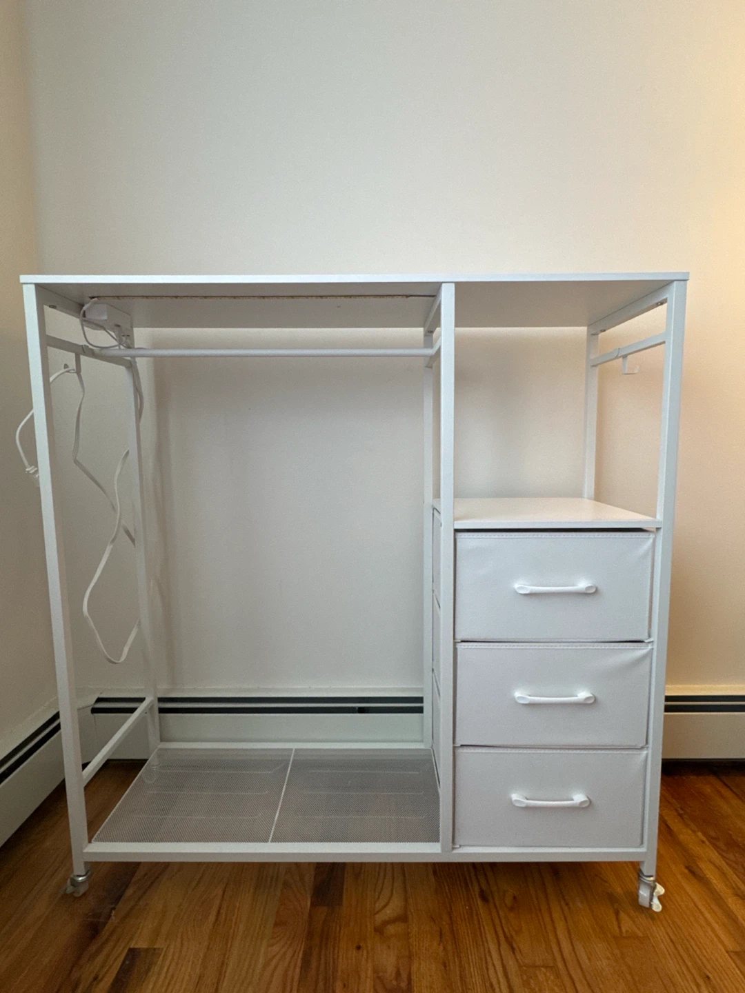 White Clothing Rack with Drawers with charging station
