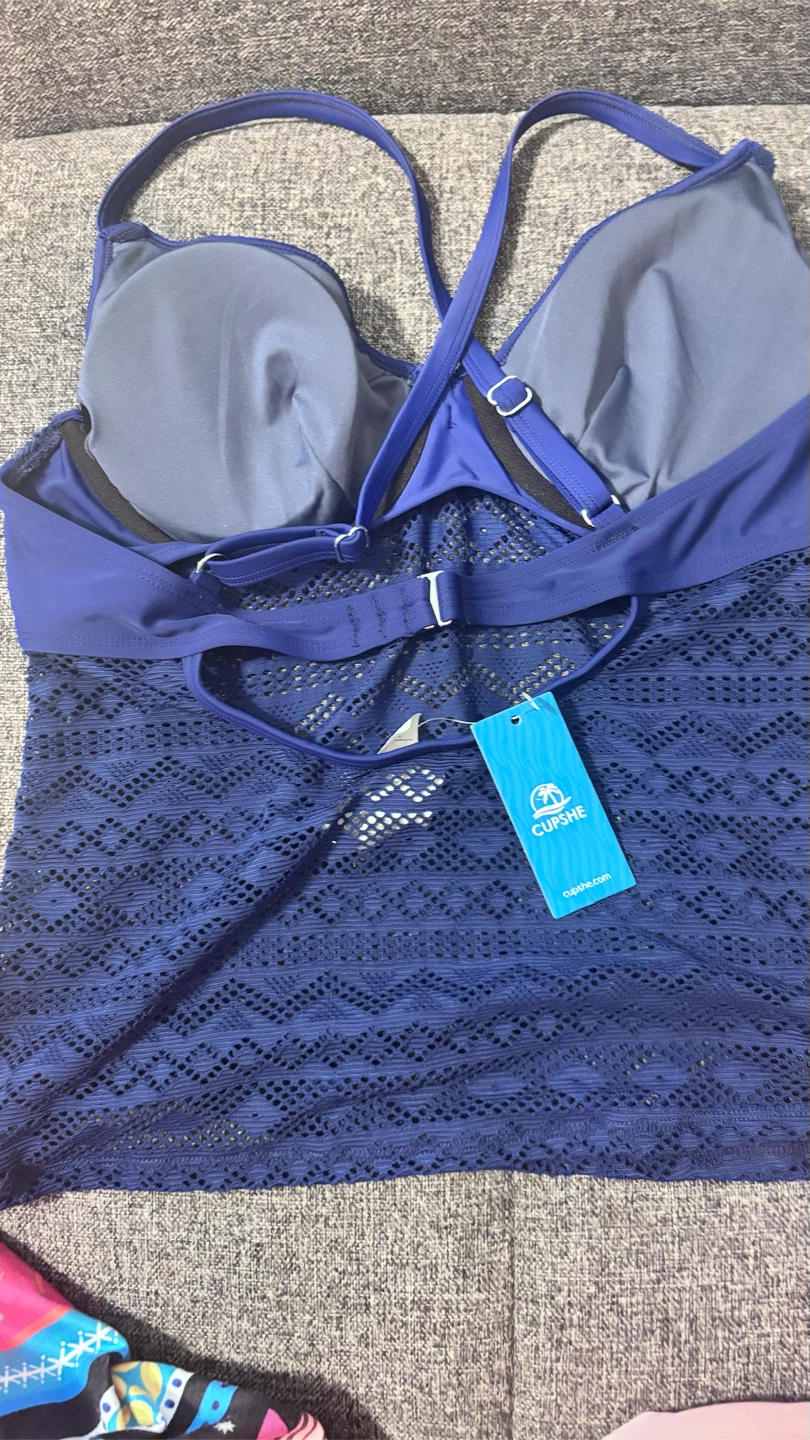 CUPSHE Navy Blue Crochet Tankini Swimsuit Set