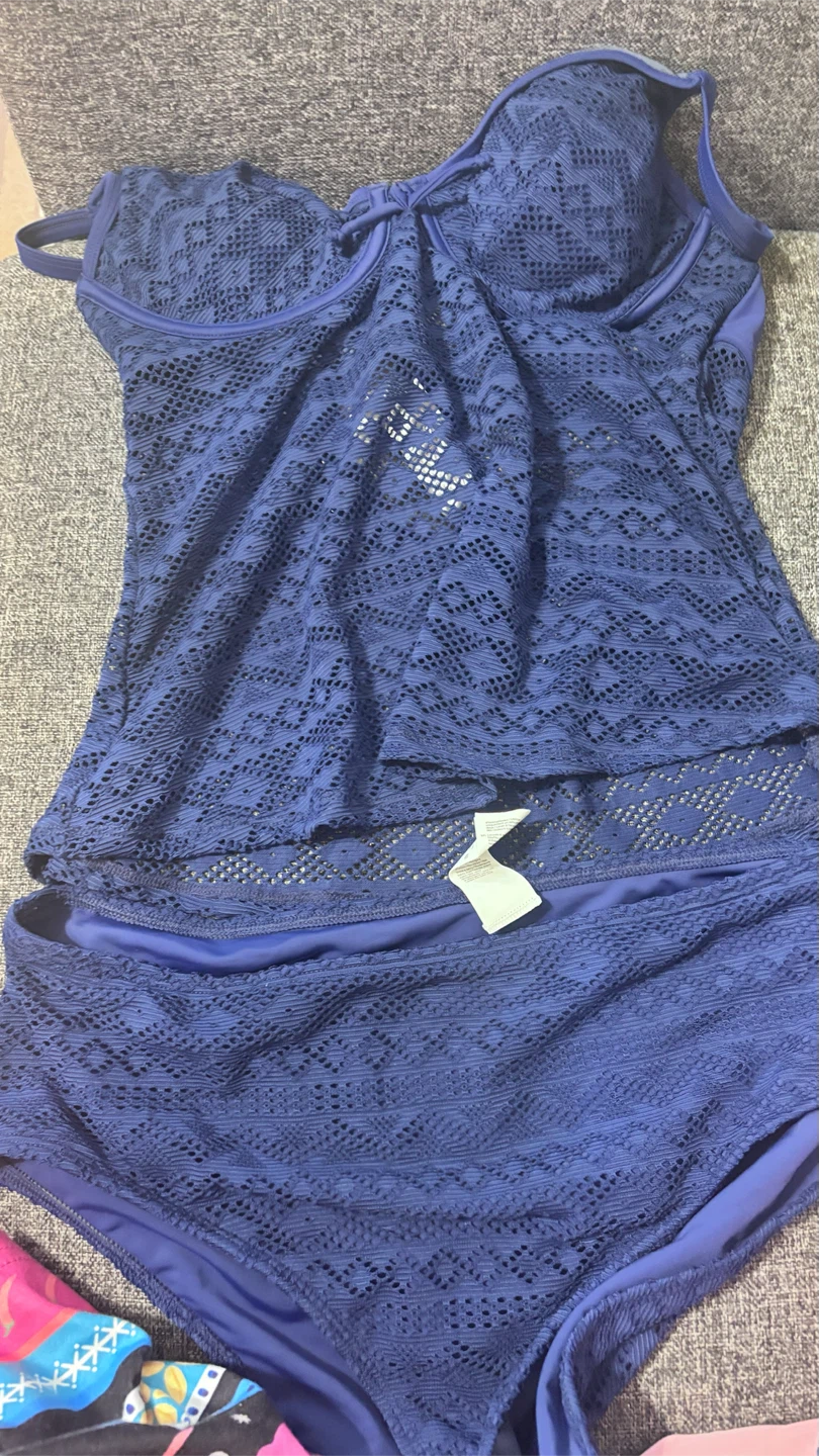 CUPSHE Navy Blue Crochet Tankini Swimsuit Set - photo 3