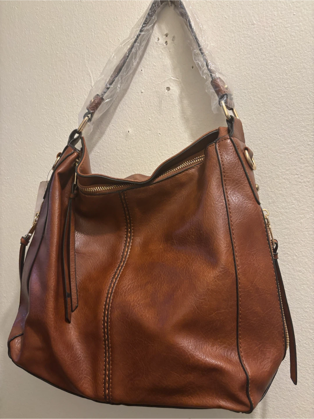 NEW-Brown Faux Leather Hobo Shoulder Bag