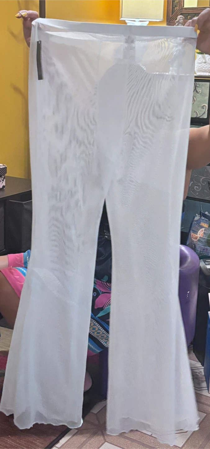 White sheer flare pants