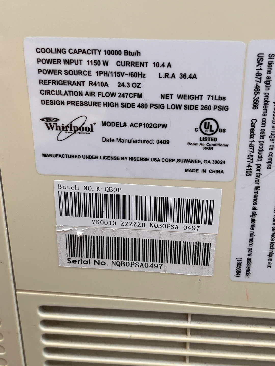 Whirlpool Portable Air Conditioner ACP102GPW - photo 5