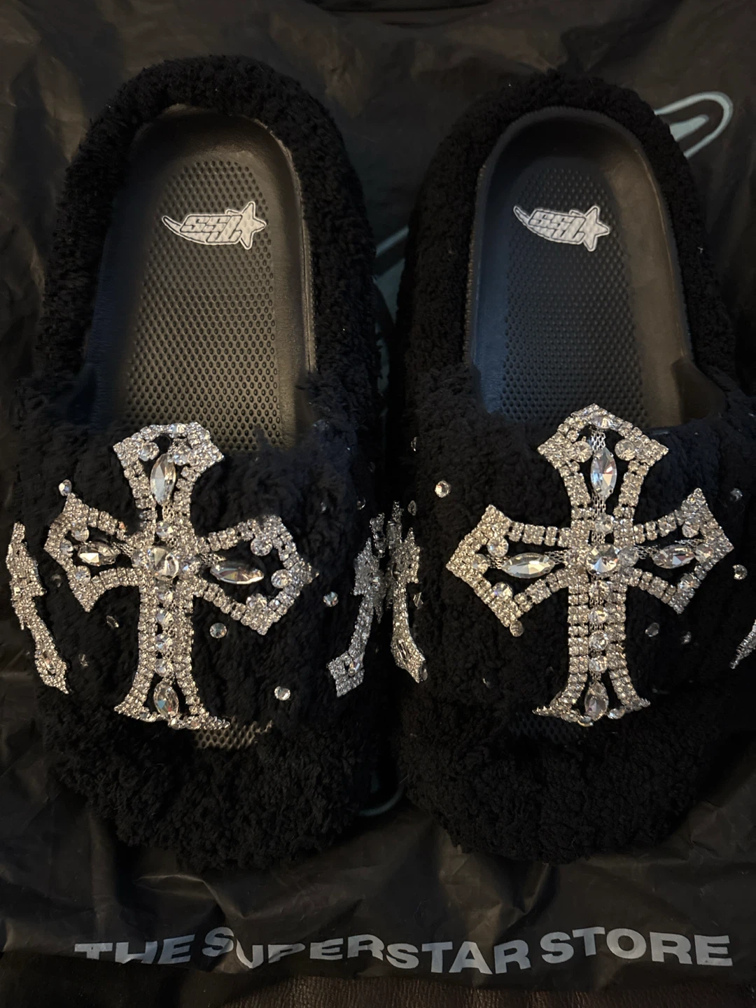 Authentic superstar Black Fuzzy Slides with Rhinestone Crosses