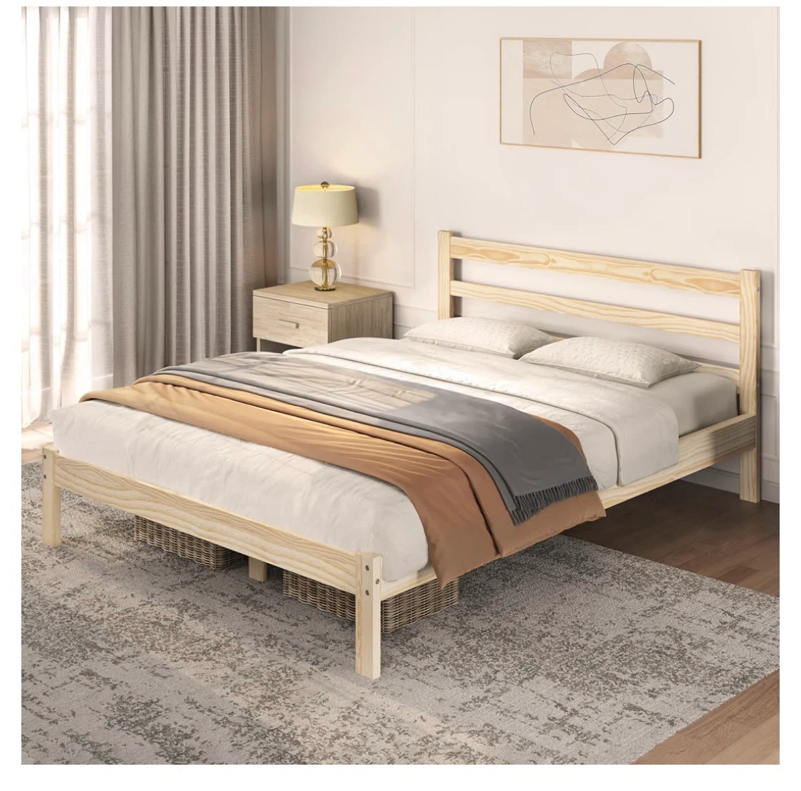Full Size Pine Wood Bed Frame with built in headboard
