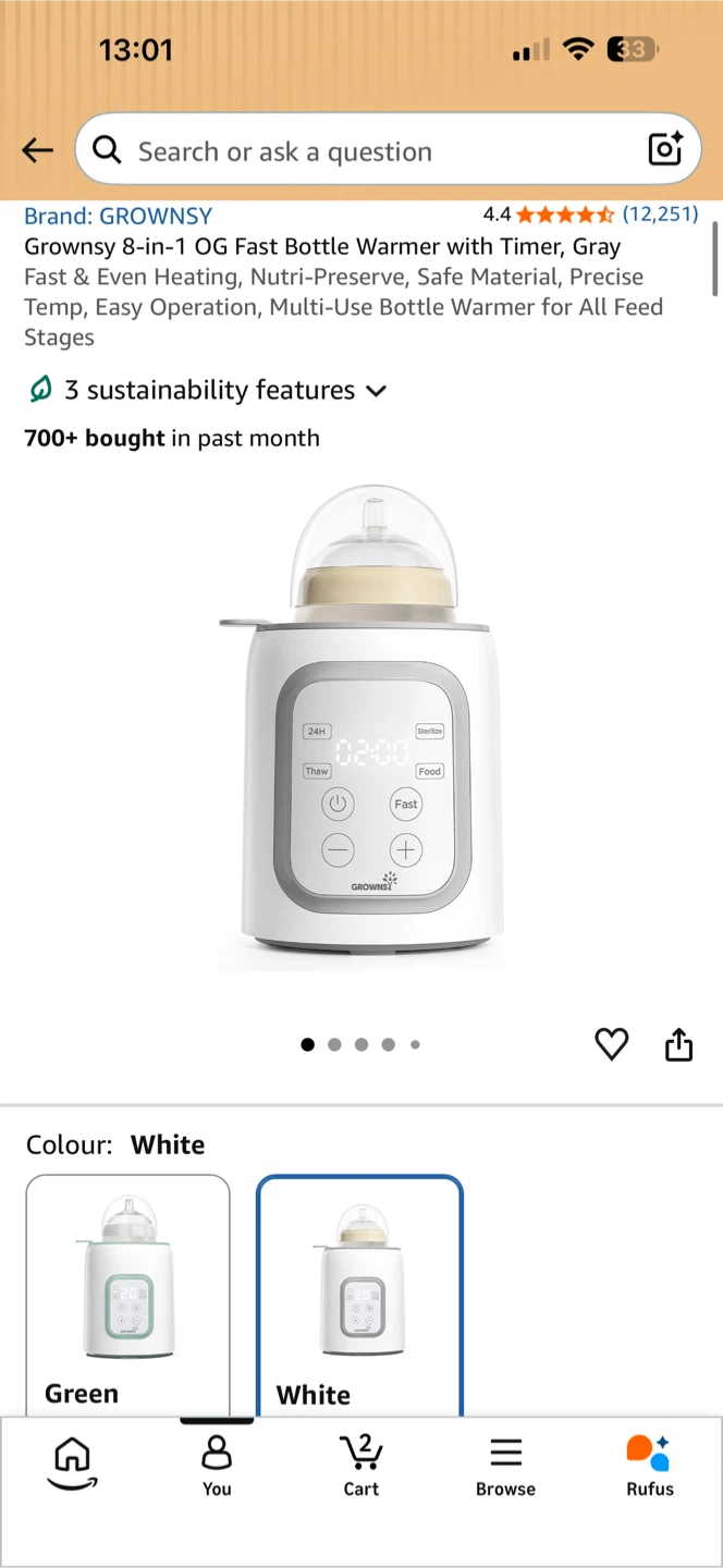 Grownsy 8-in-1 OG Fast Bottle Warmer with Timer, Gray