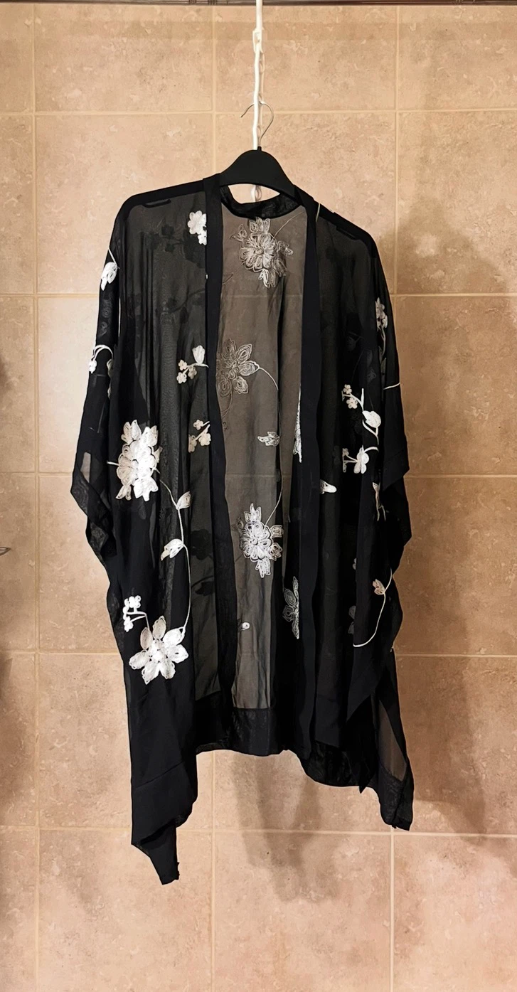 Black Kimono Cardigan with Floral Embroidery
