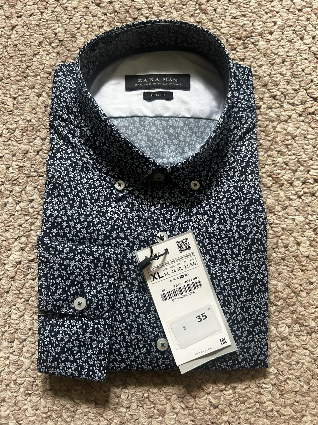 NWT ZARA Slim Fit Button-Up Shirt - Navy Floral Print - Size XL