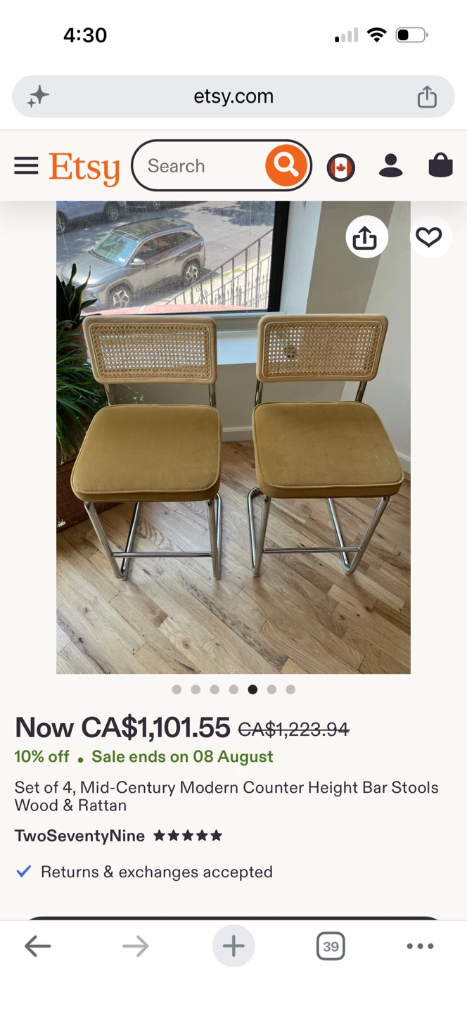 Pair of Mid-Century Modern Cane Back Counter Stools - photo 5