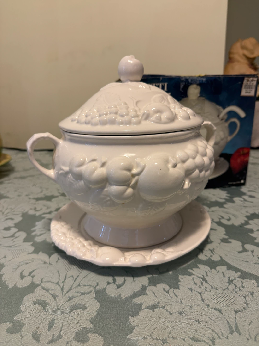 White Ceramic Fruit Embossed Soup Tureen with Lid and Saucer