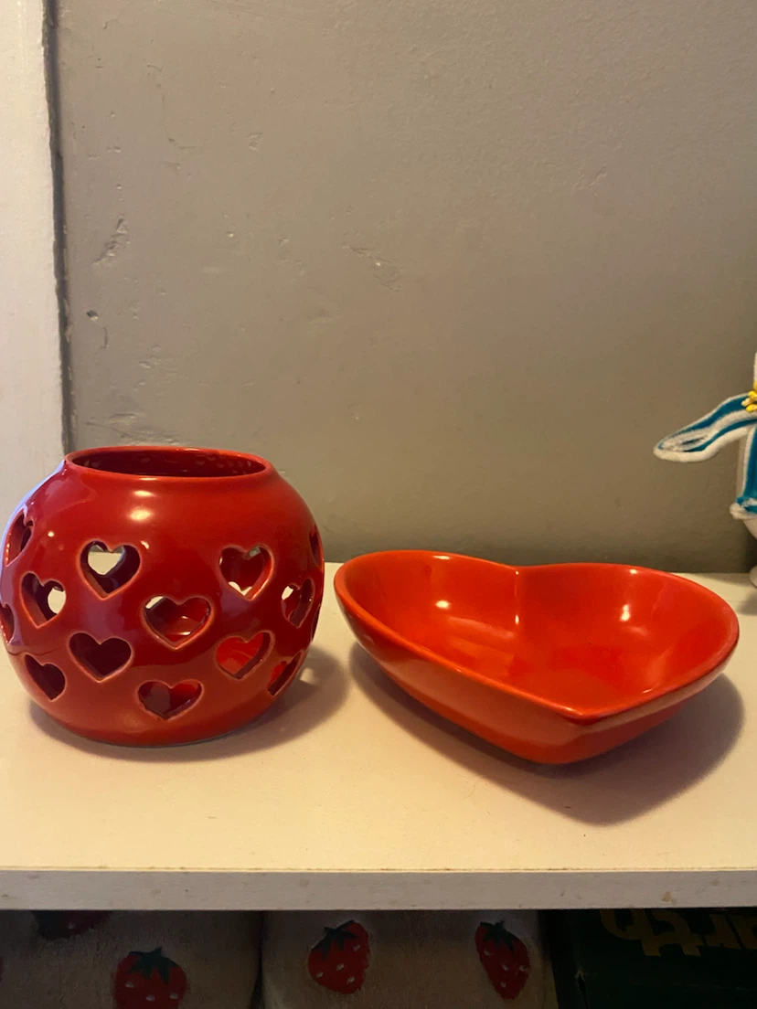 Red Heart Shaped Ceramic Candle Holder and Dish Set