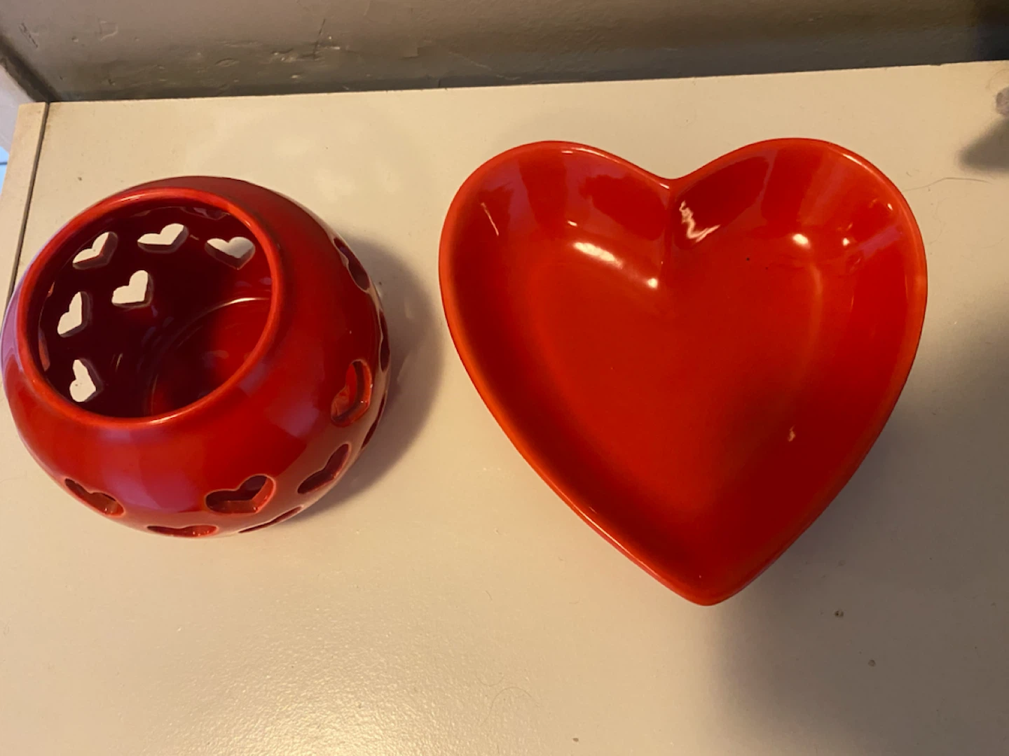 Red Heart Shaped Ceramic Candle Holder and Dish Set - photo 2