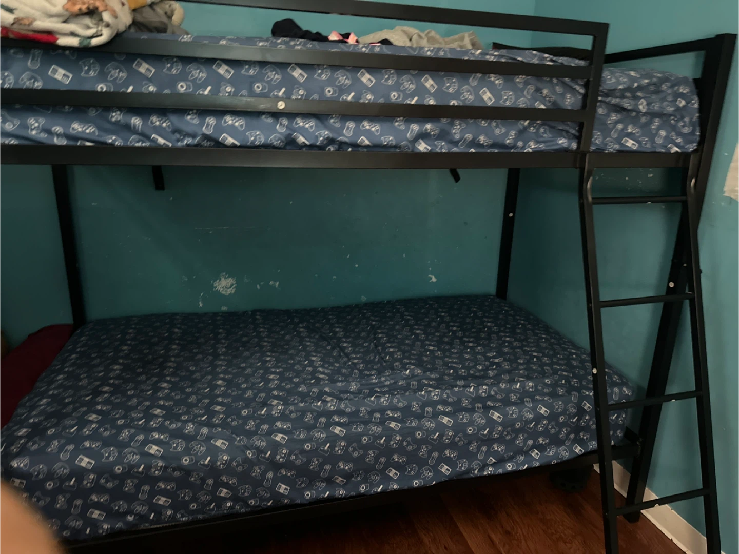 Black Metal Twin Bunk Bed with Game Controller Print Bedding