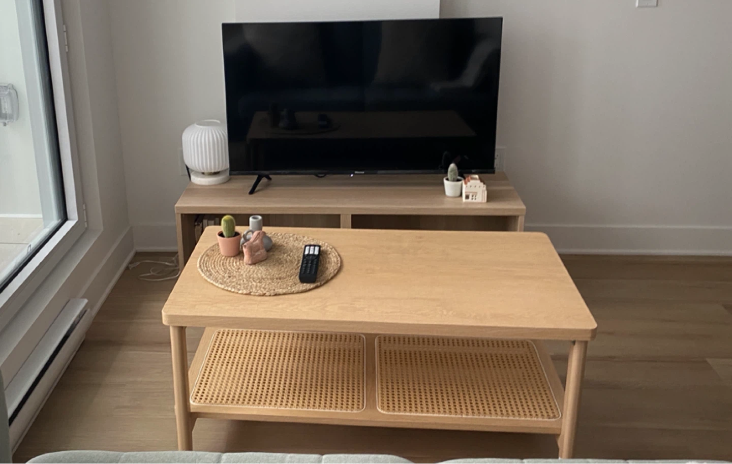 Oak Coffee Table with Rattan Shelves