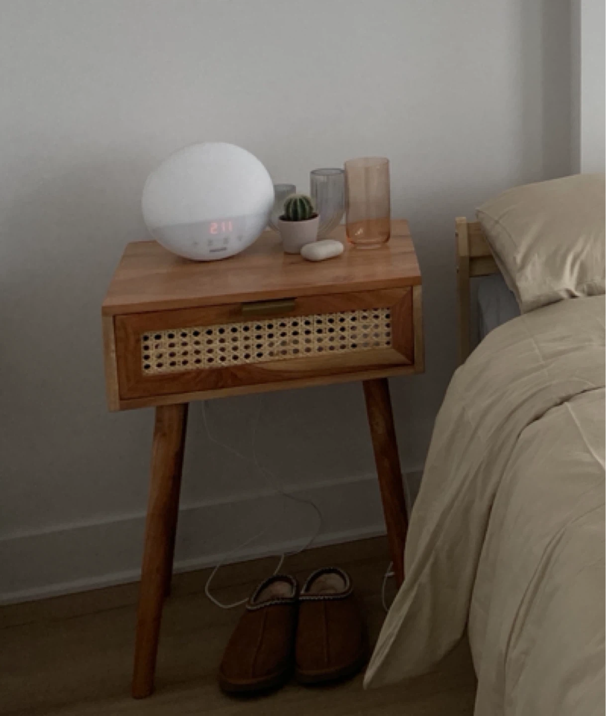 Wooden Nightstand with Rattan Drawer