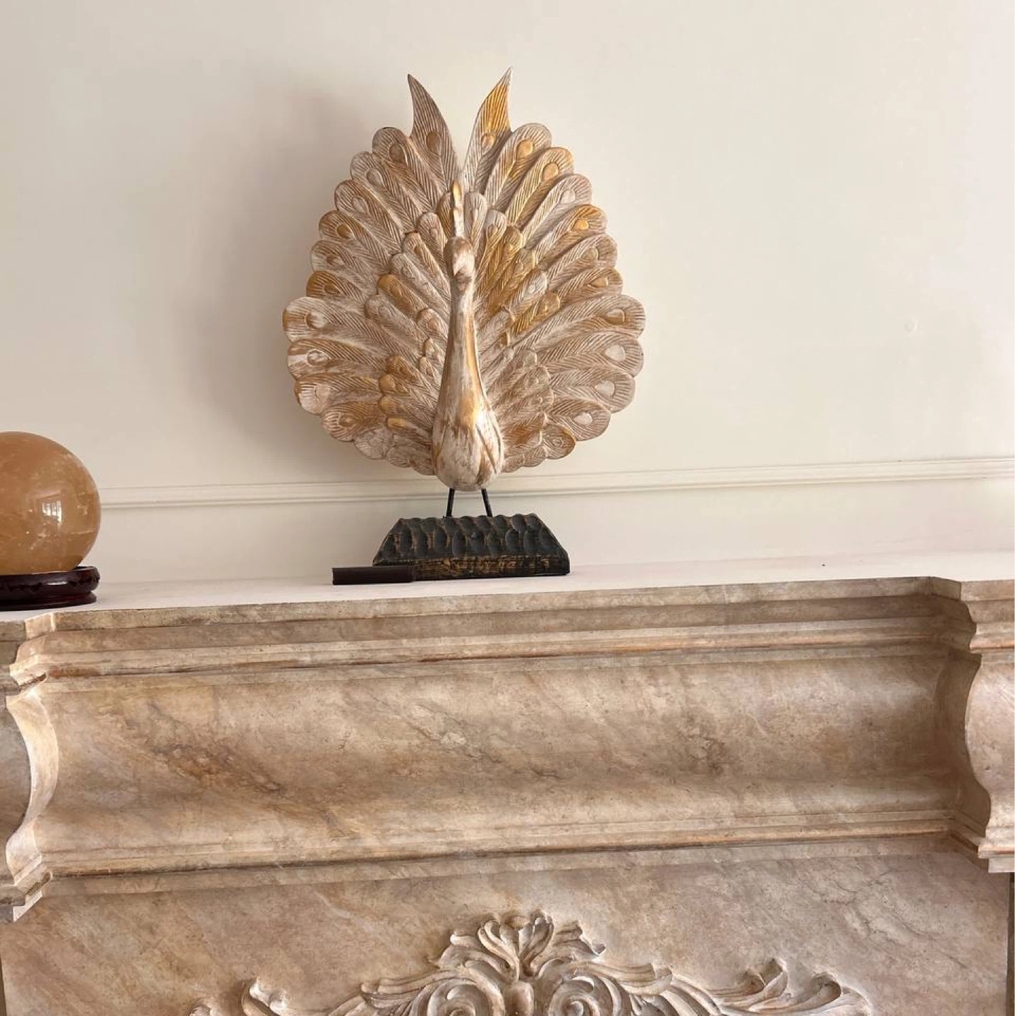 Carved Peacock Figurine with Gold Accents