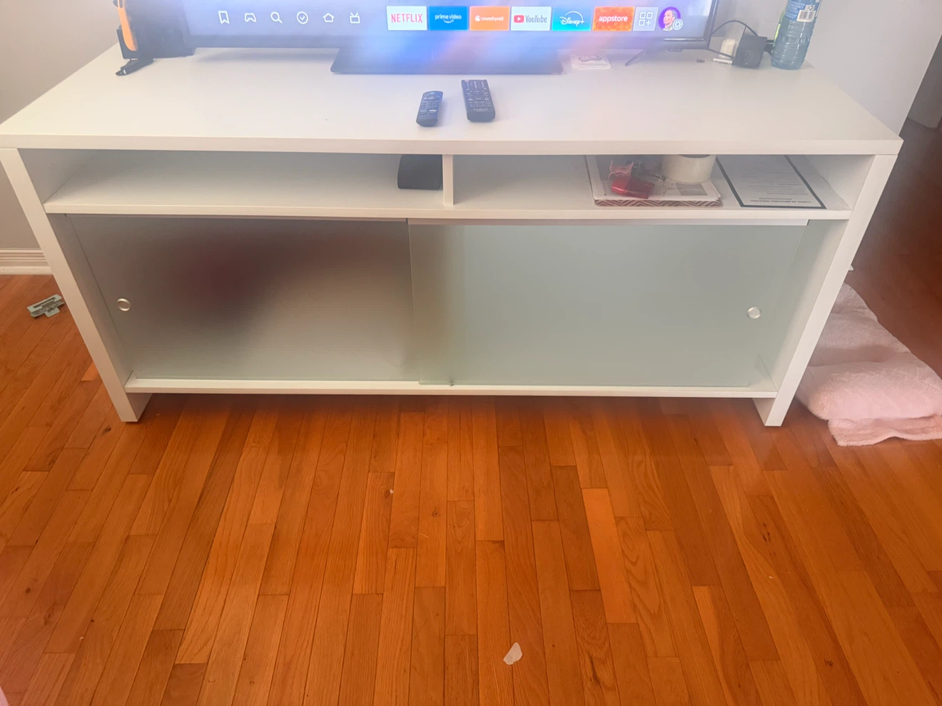 White TV Stand with Frosted Glass Doors