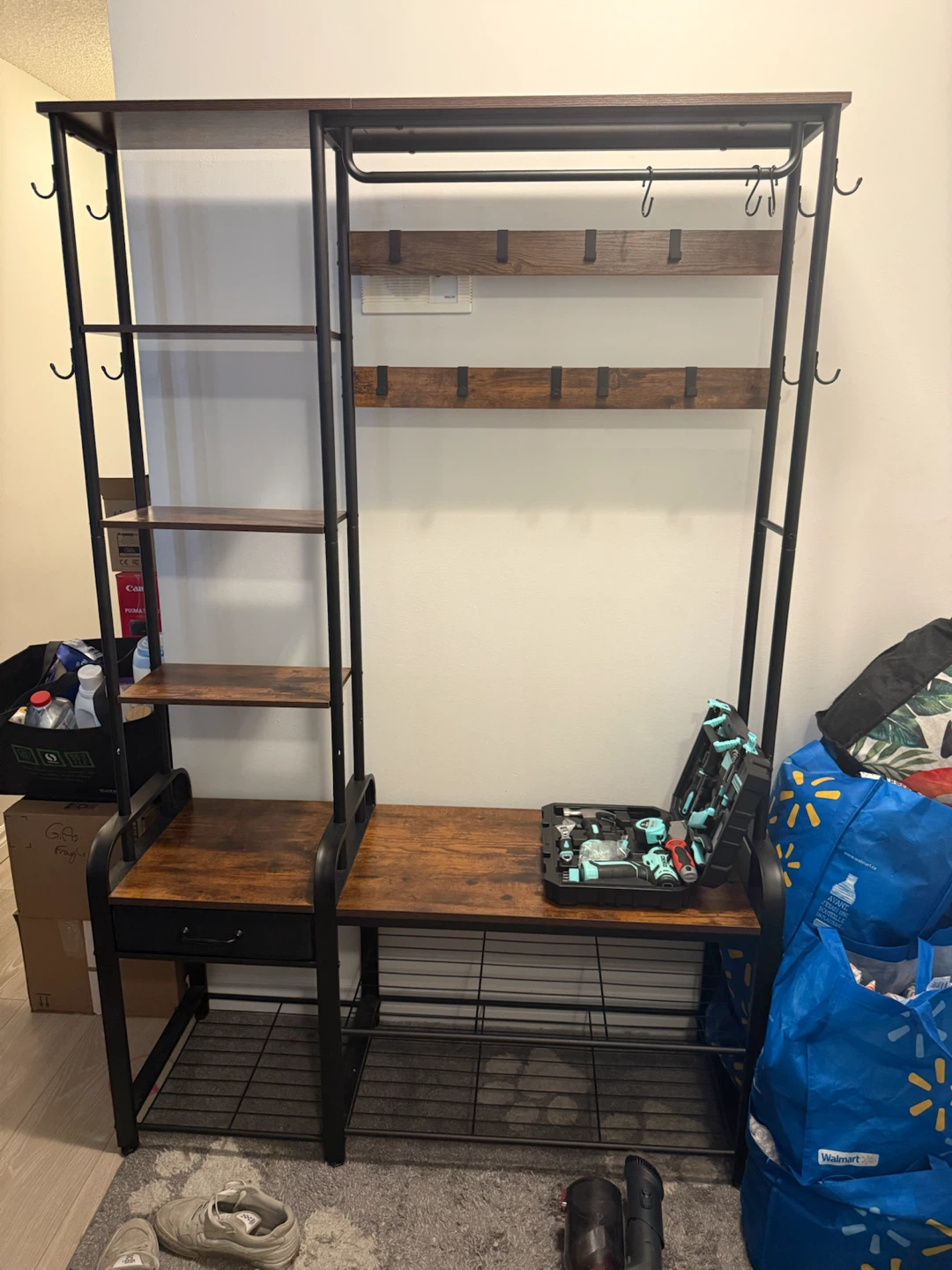 Hall Tree with Coat Hooks and Shoe Rack