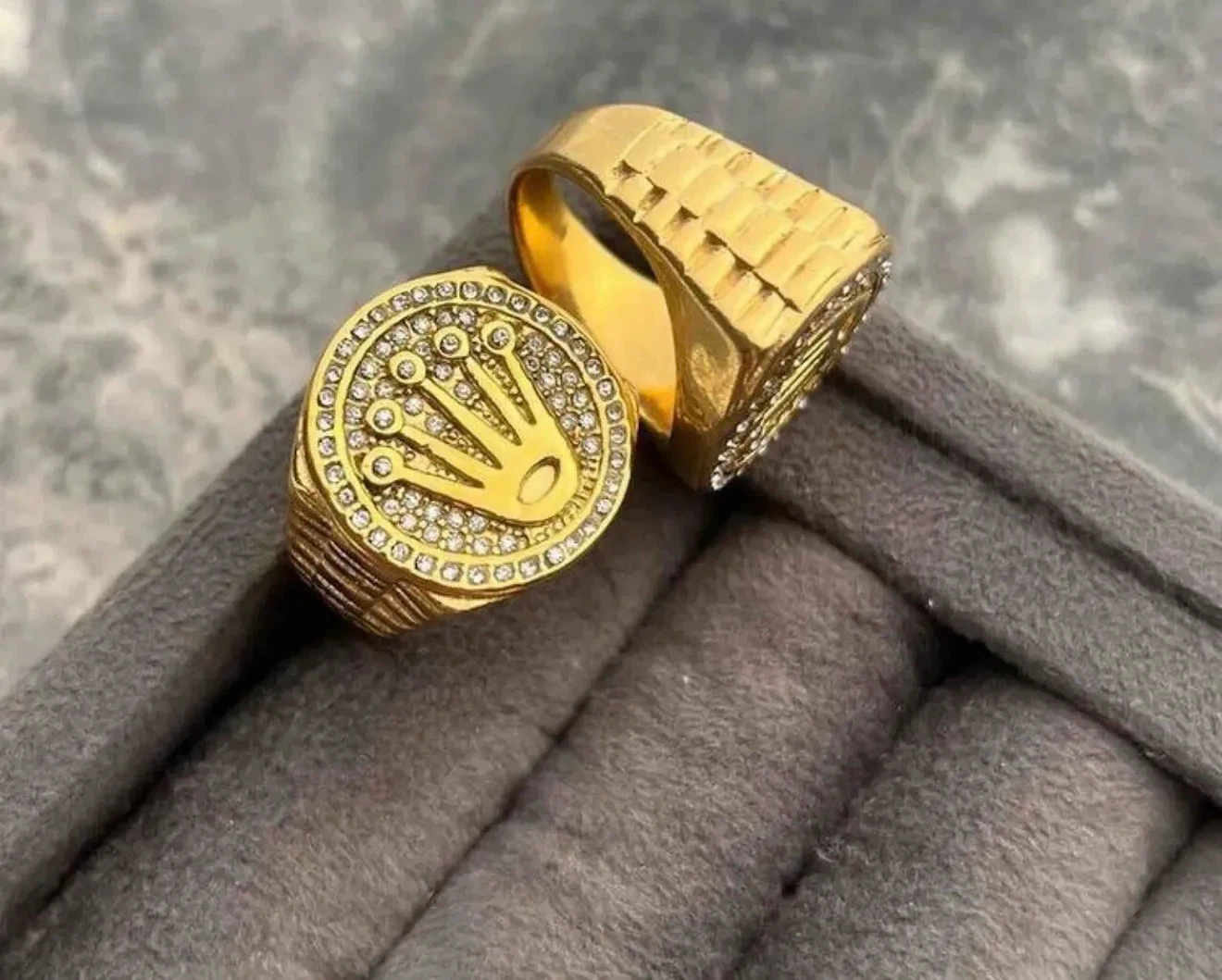 Gold Ring with Diamonds and Crown Logo