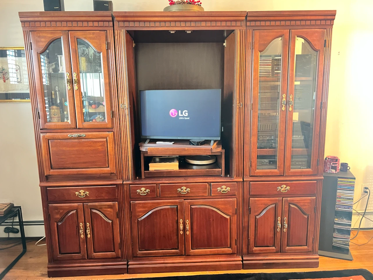 Wood Entertainment Center with Glass Doors