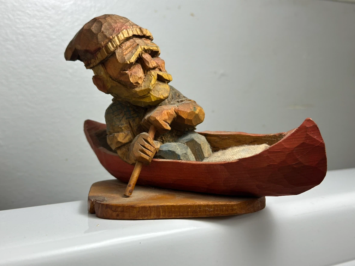 Vtg Walter Oler Signed Carved Wood Fisherman Canoe Figurine