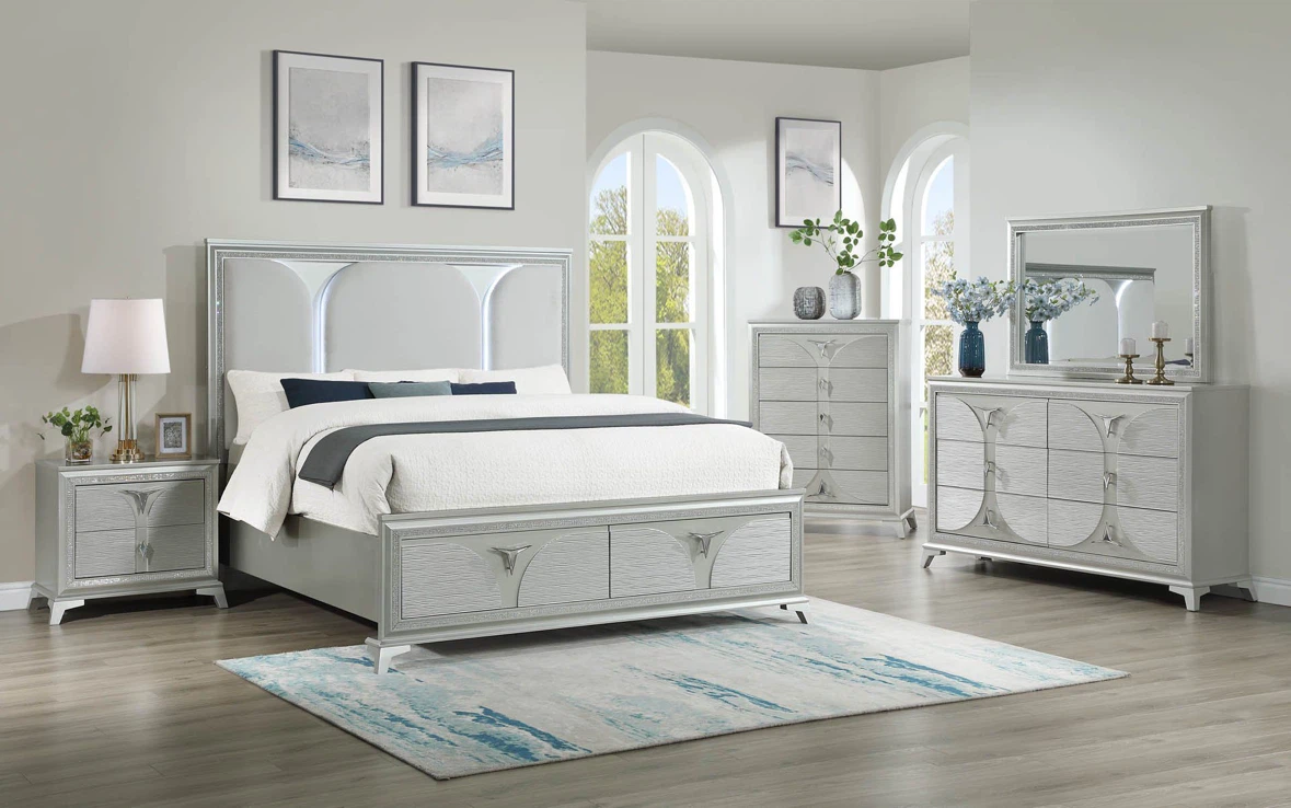 Silver Bedroom Set with LED Headboard
