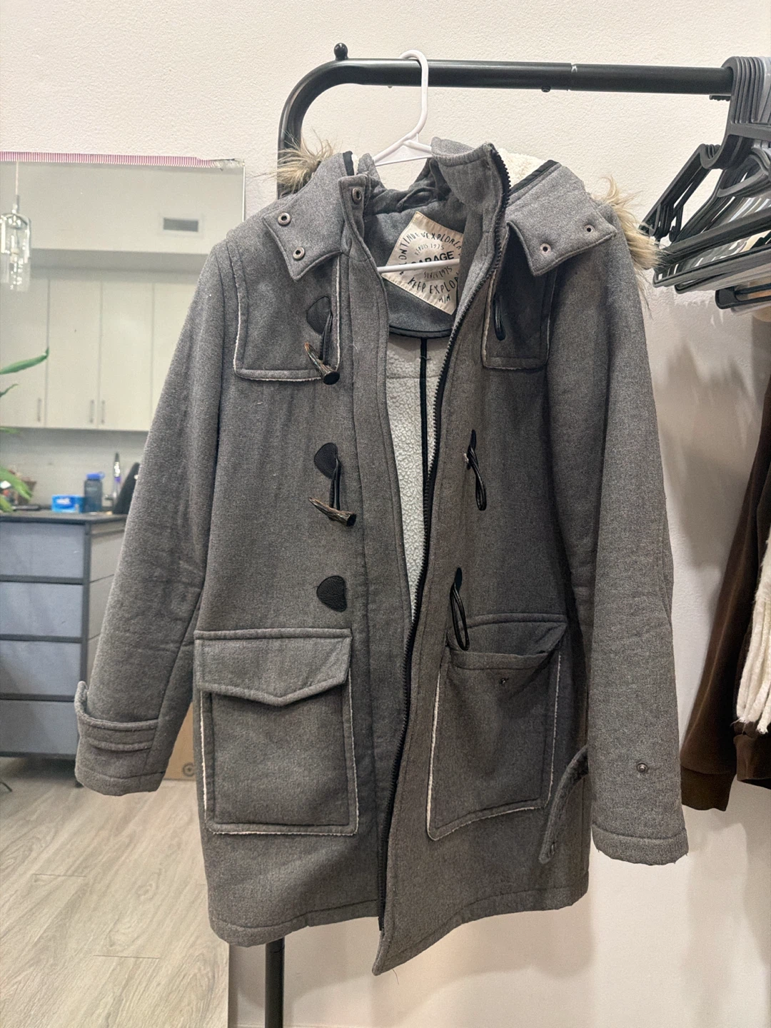 Garage Grey Coat with Faux Fur Hood