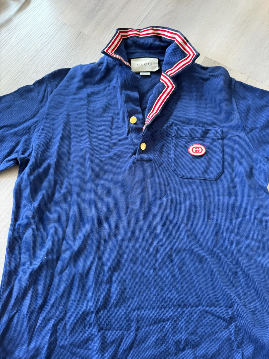 Gucci Blue Polo Shirt with Red & White Stripe Collar