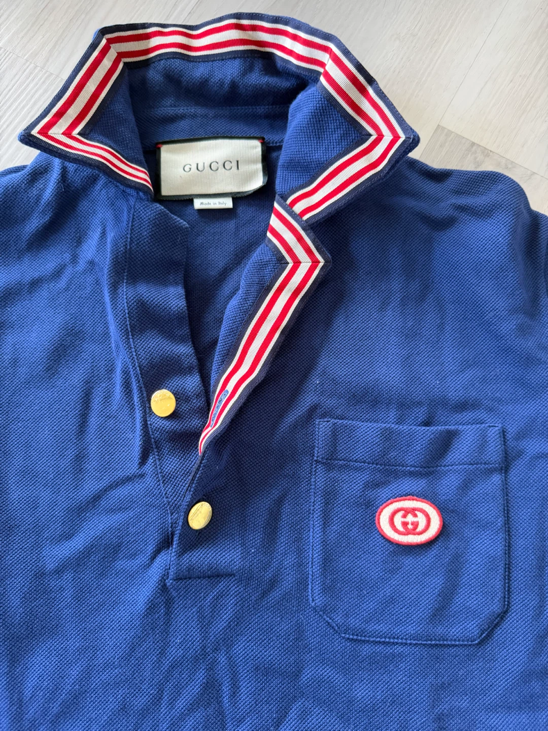 Gucci Blue Polo Shirt with Red & White Stripe Collar - photo 2